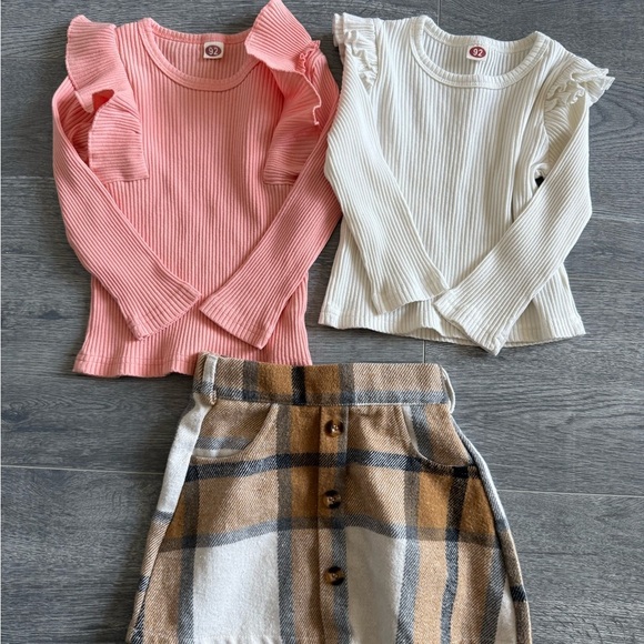 Pink and White Ruffle Tops with Brown Plaid Skirt Size 2T - Picture 2 of 12